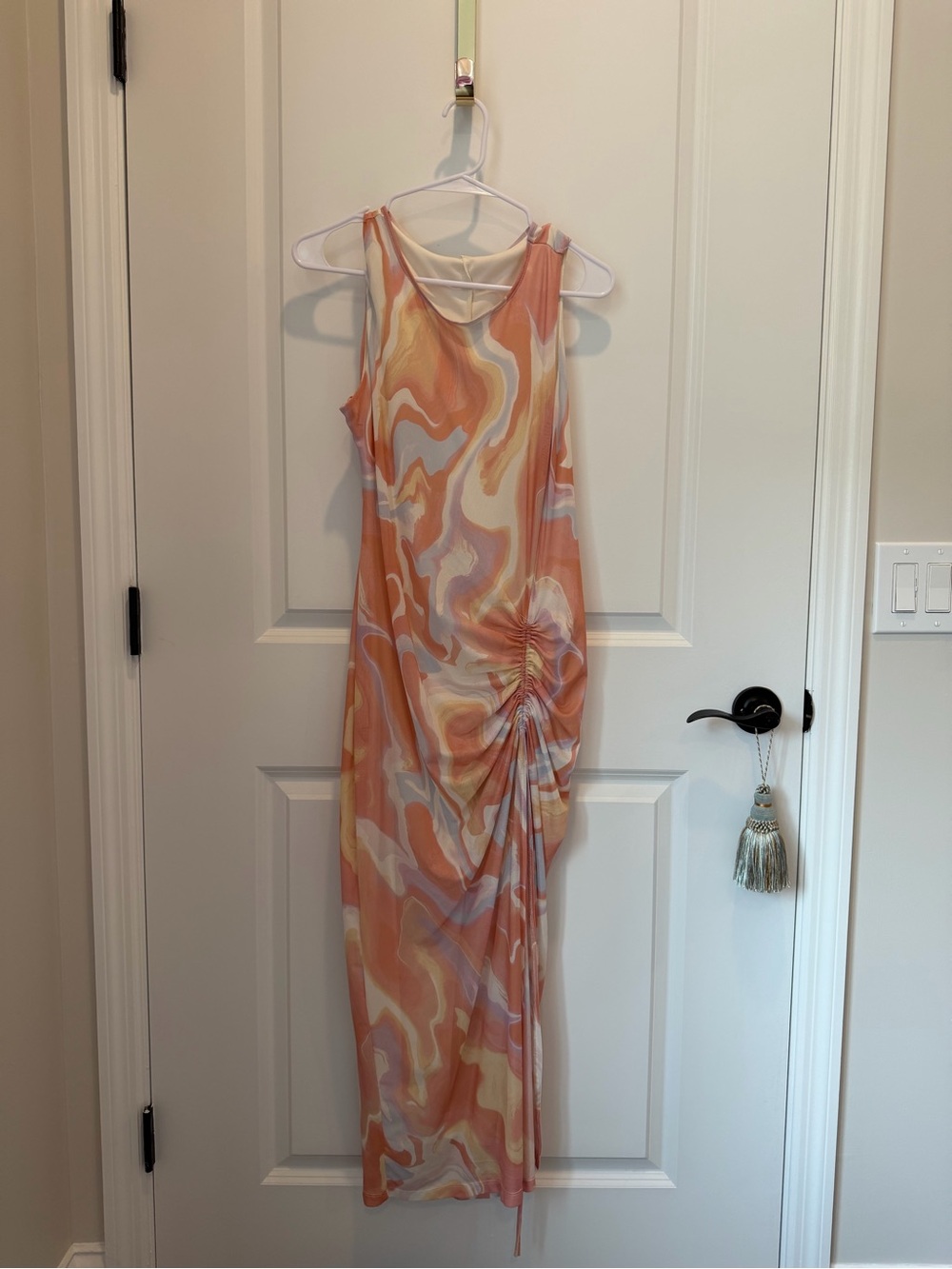 Sleeveless Ruched Maxi Dress in Retro Peach Swirl